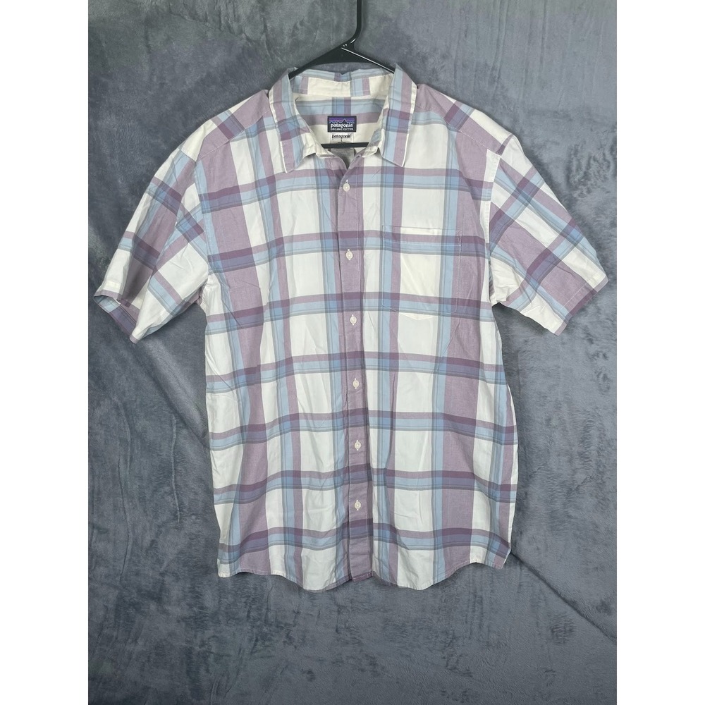 Patagonia Men's Short Sleeve Button Down Shirt White Blue Size Large